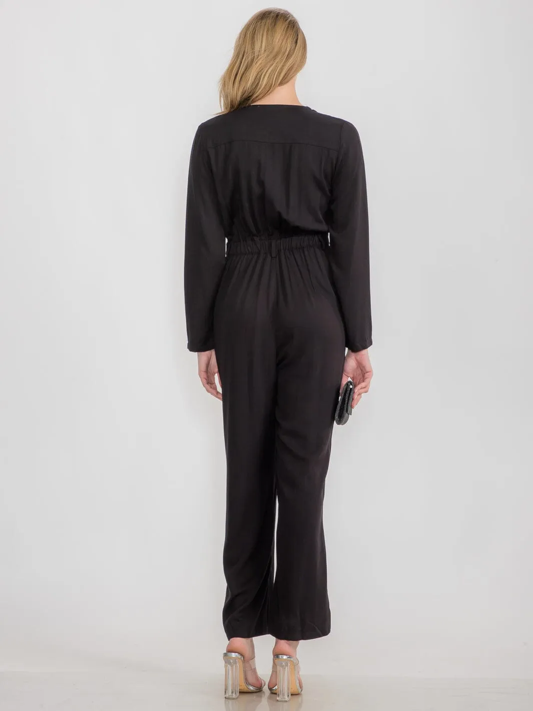 WOMEN'S LONG SLEEVE FRONT POCKETS V-NECK WIDE LEG JUMPSUIT