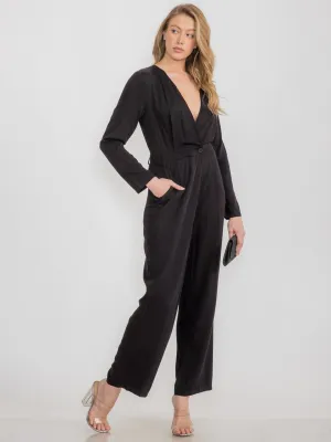 WOMEN'S LONG SLEEVE FRONT POCKETS V-NECK WIDE LEG JUMPSUIT