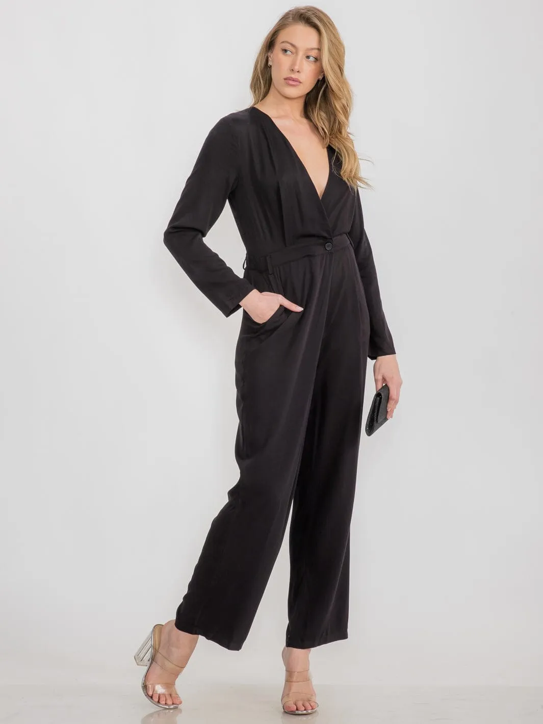 WOMEN'S LONG SLEEVE FRONT POCKETS V-NECK WIDE LEG JUMPSUIT