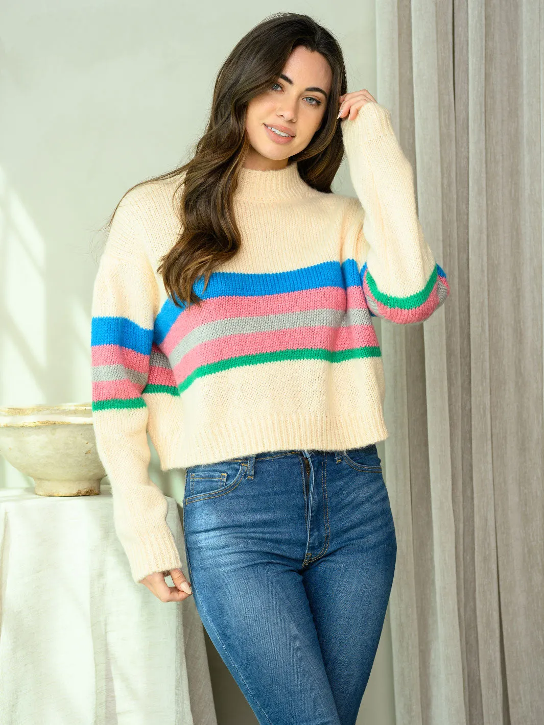 WOMEN'S LONG SLEEVE MULTI COLOR PRINT SWEATER