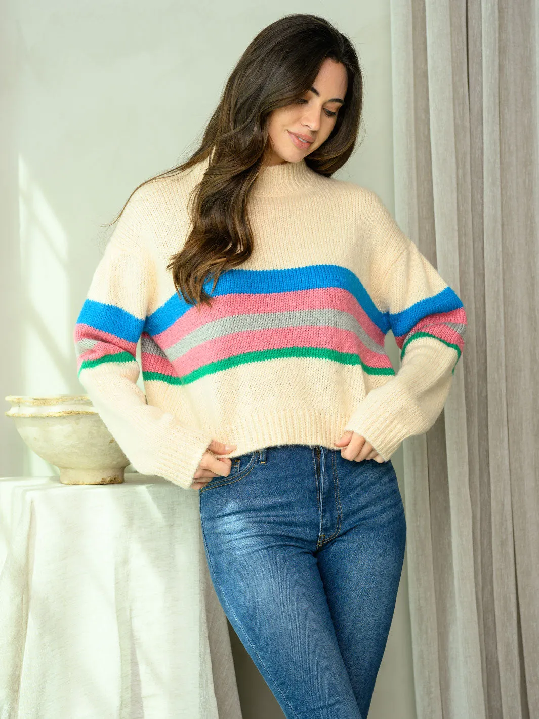 WOMEN'S LONG SLEEVE MULTI COLOR PRINT SWEATER
