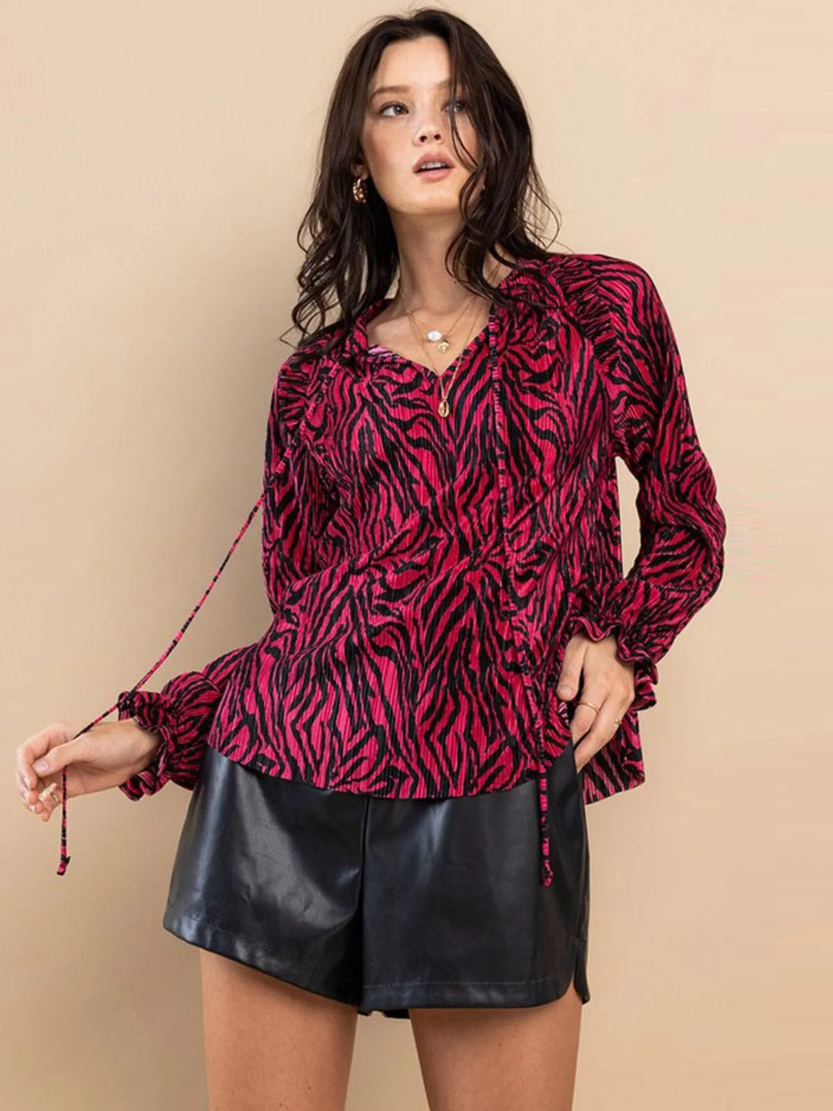 WOMEN'S LONG SLEEVE -NECK RUFFLE MULTI PRINT BLOUSE TOP