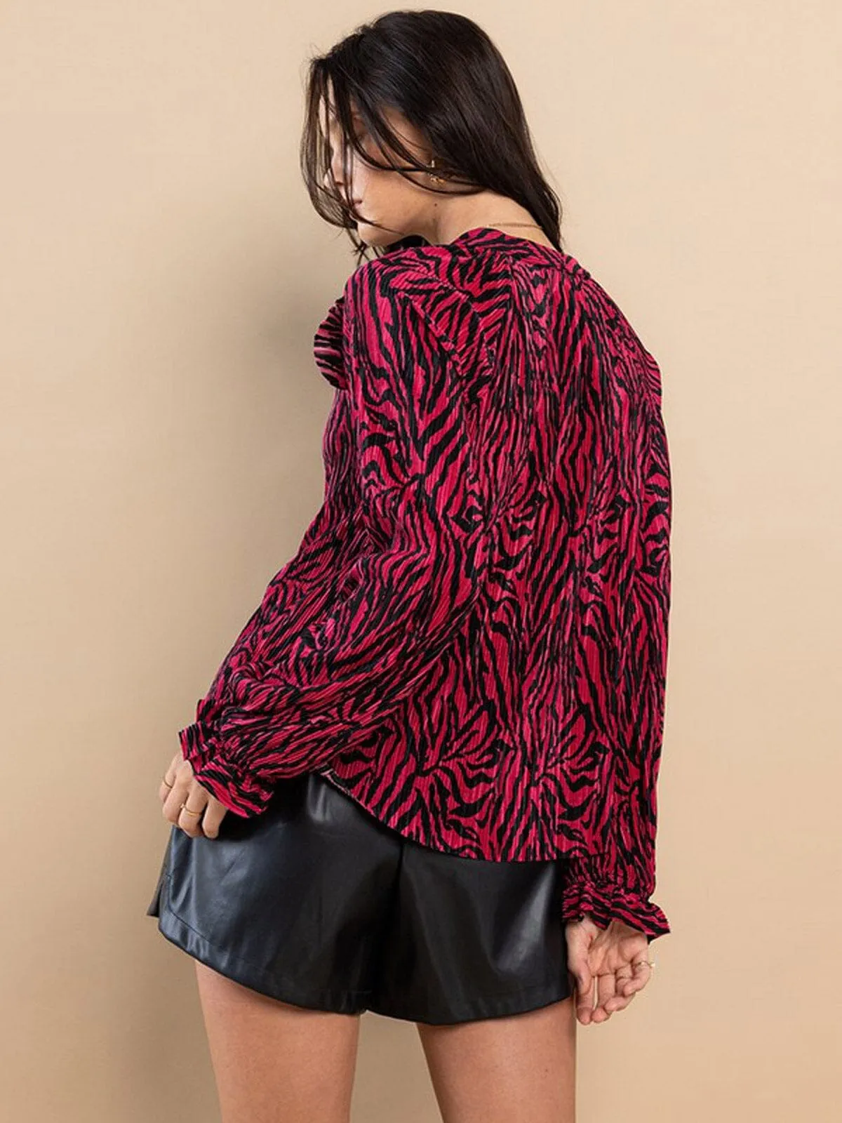 WOMEN'S LONG SLEEVE -NECK RUFFLE MULTI PRINT BLOUSE TOP