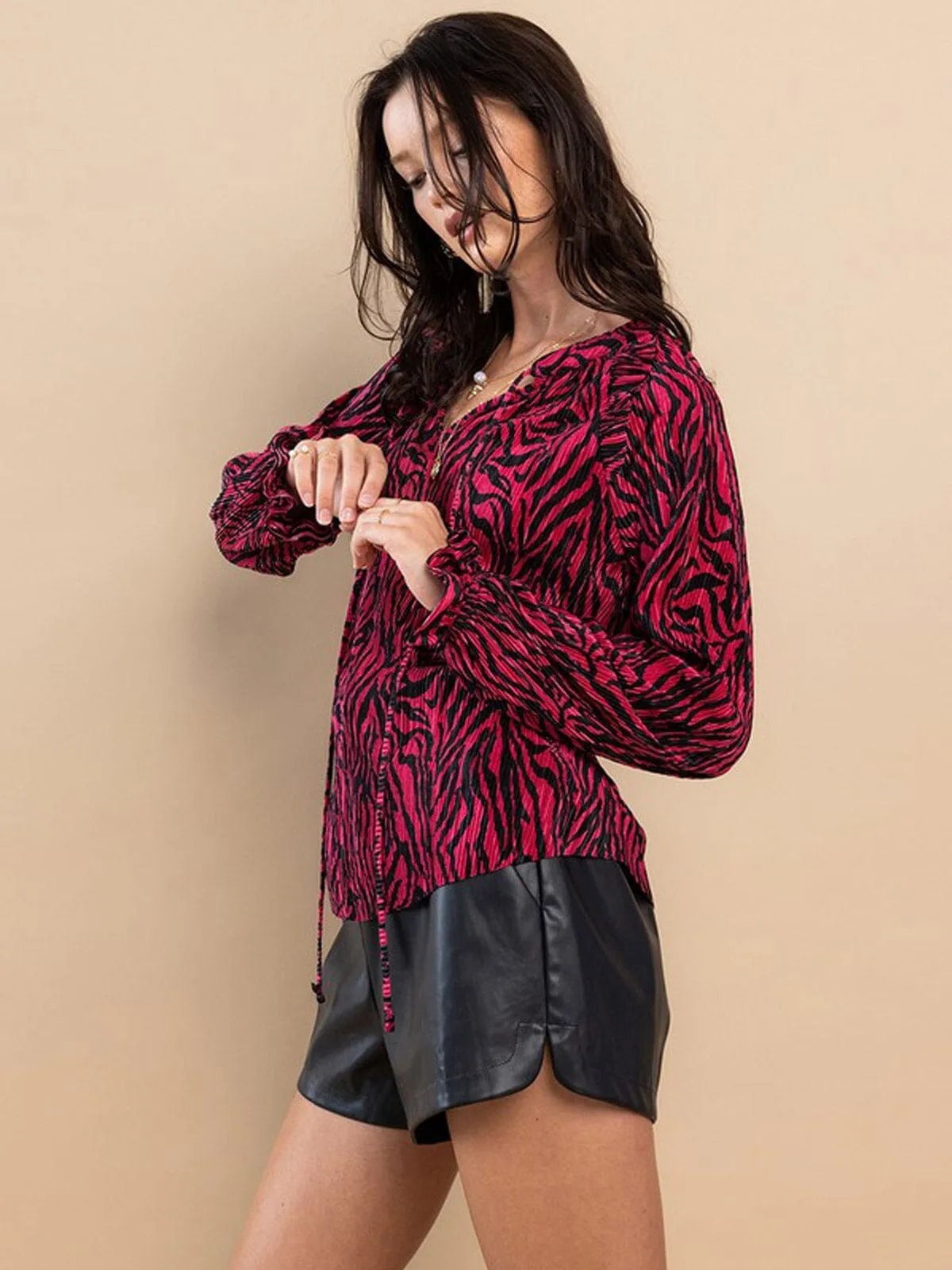 WOMEN'S LONG SLEEVE -NECK RUFFLE MULTI PRINT BLOUSE TOP