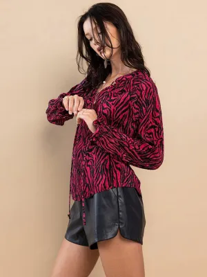 WOMEN'S LONG SLEEVE -NECK RUFFLE MULTI PRINT BLOUSE TOP