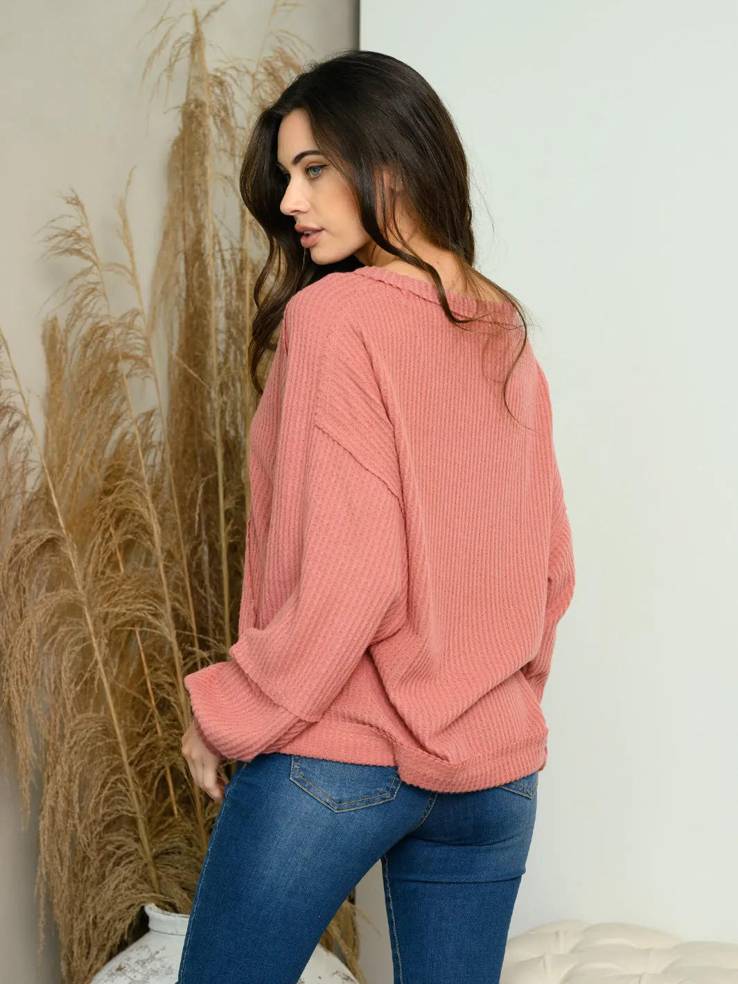 WOMEN'S LONG SLEEVE POCKETS WAFFLE TOP
