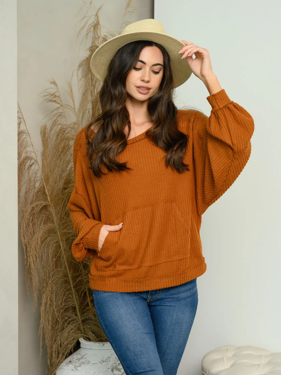 WOMEN'S LONG SLEEVE POCKETS WAFFLE TOP