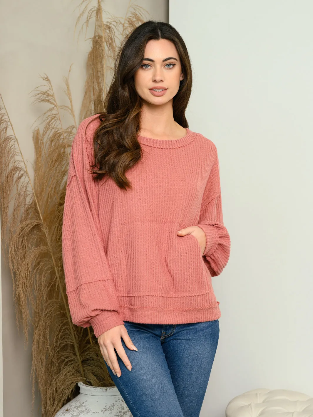 WOMEN'S LONG SLEEVE POCKETS WAFFLE TOP
