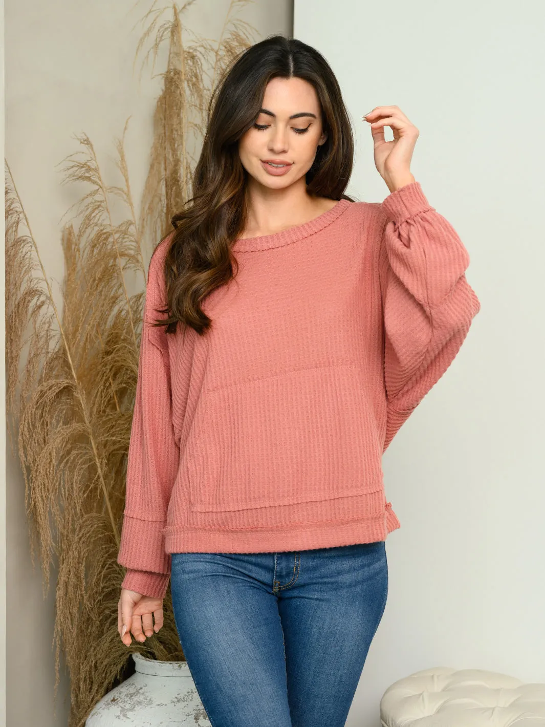 WOMEN'S LONG SLEEVE POCKETS WAFFLE TOP