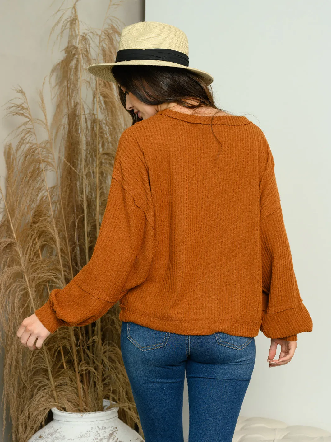 WOMEN'S LONG SLEEVE POCKETS WAFFLE TOP