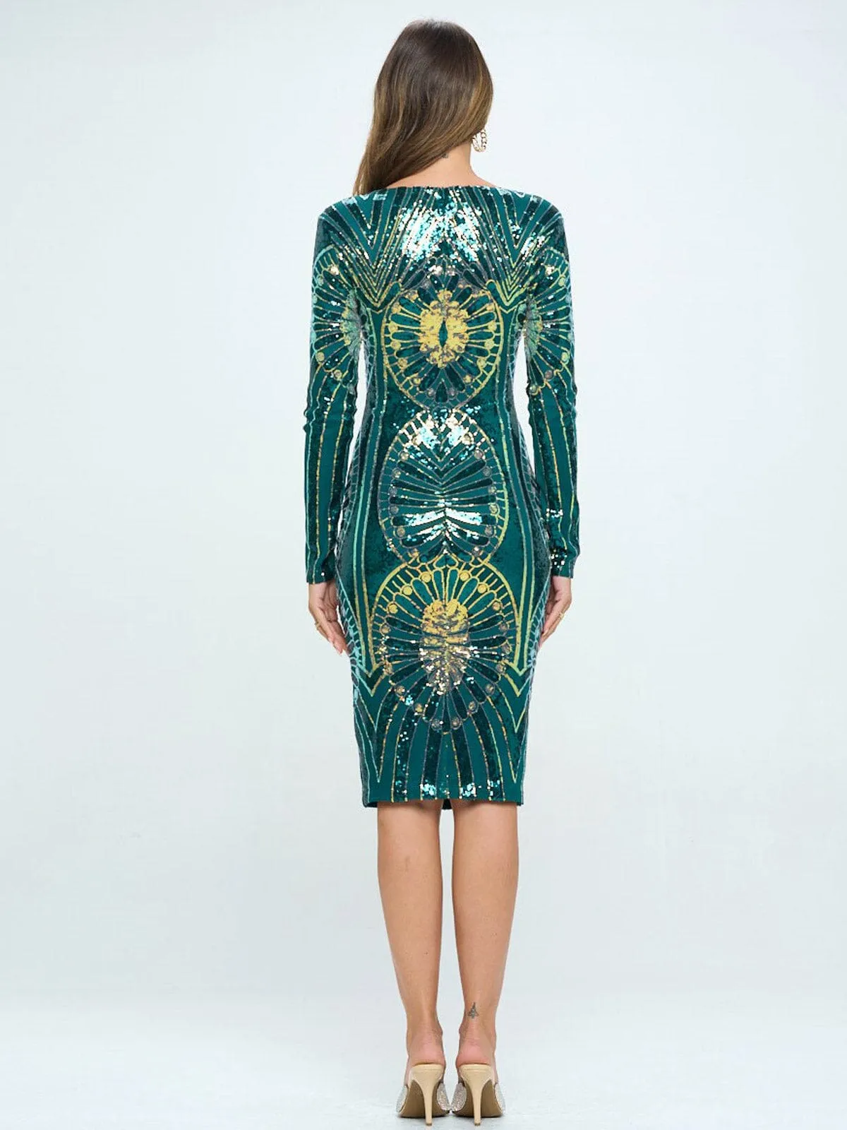 WOMEN'S LONG SLEEVE V-NECK  BODYCON SEQUINS MIDI DRESS