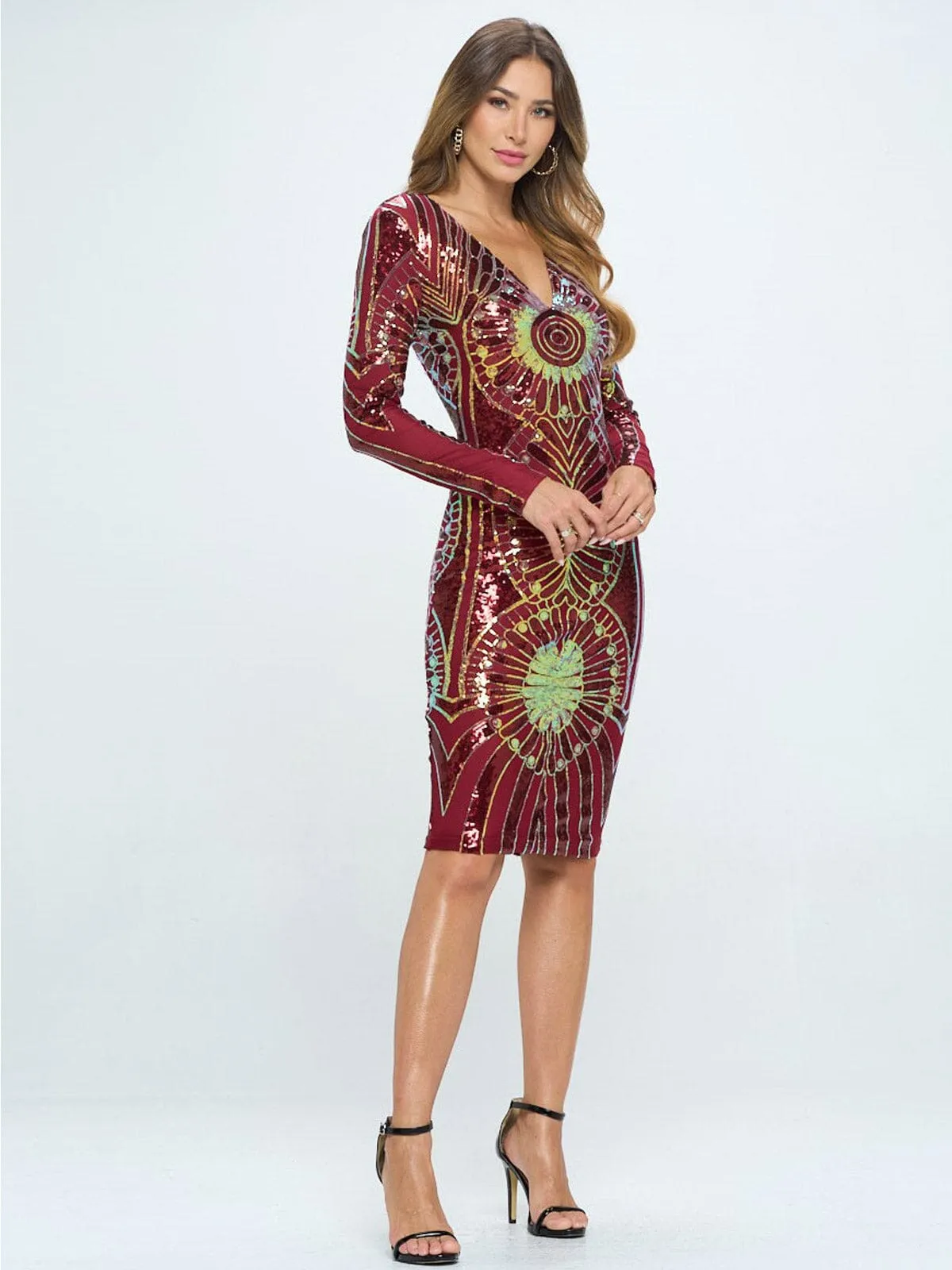 WOMEN'S LONG SLEEVE V-NECK  BODYCON SEQUINS MIDI DRESS