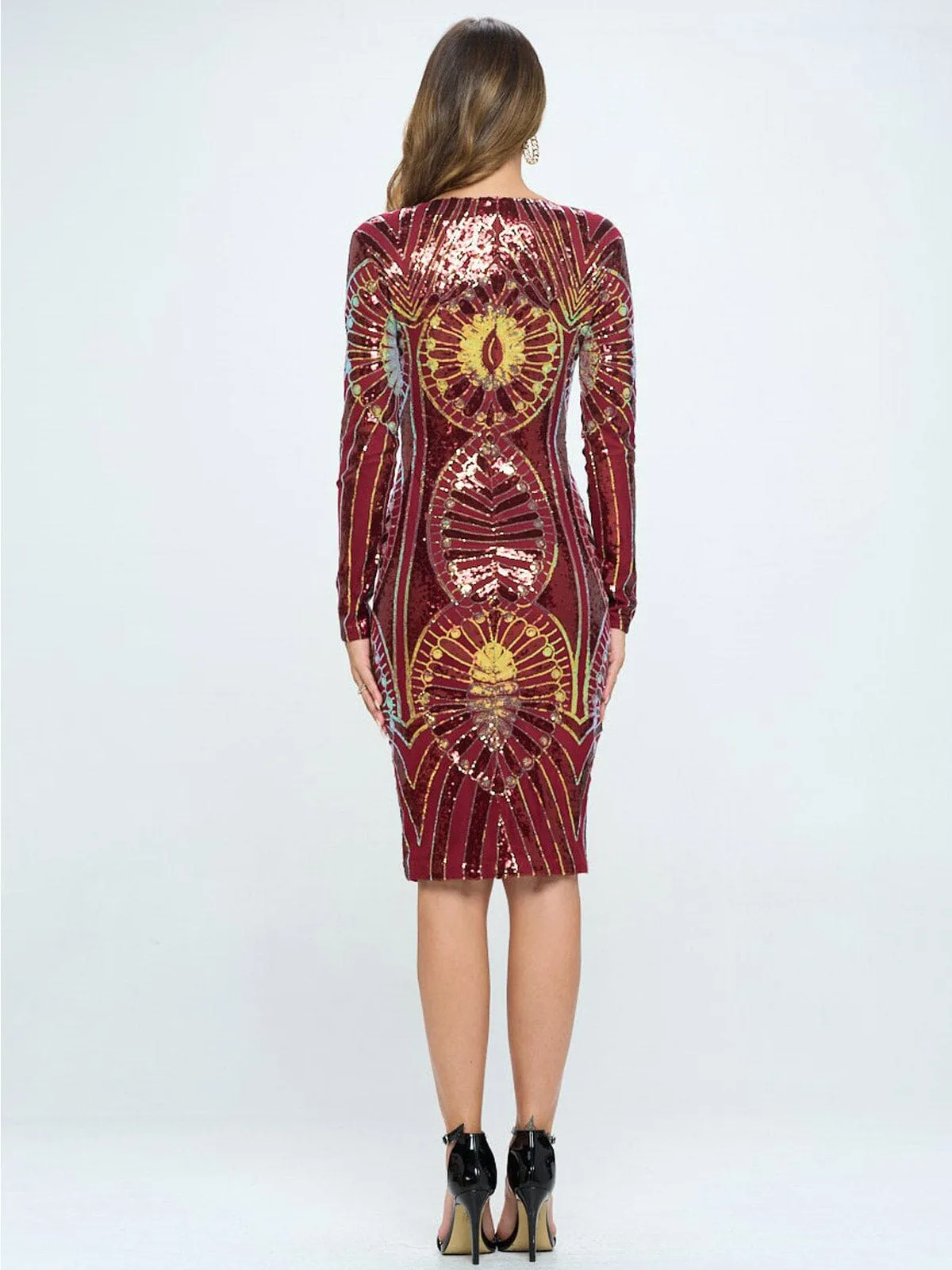 WOMEN'S LONG SLEEVE V-NECK  BODYCON SEQUINS MIDI DRESS