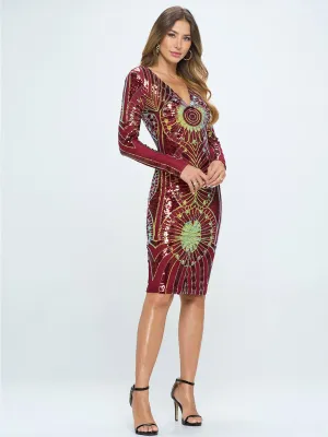 WOMEN'S LONG SLEEVE V-NECK  BODYCON SEQUINS MIDI DRESS