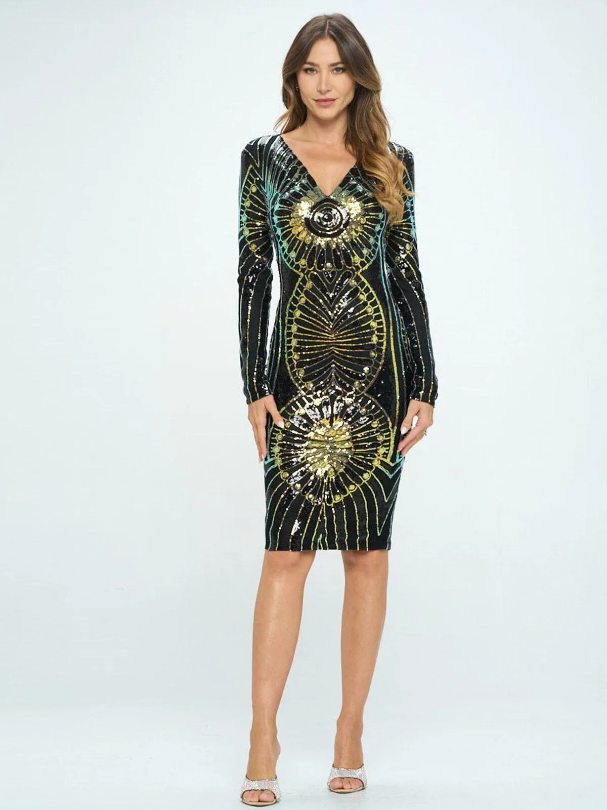 WOMEN'S LONG SLEEVE V-NECK  BODYCON SEQUINS MIDI DRESS