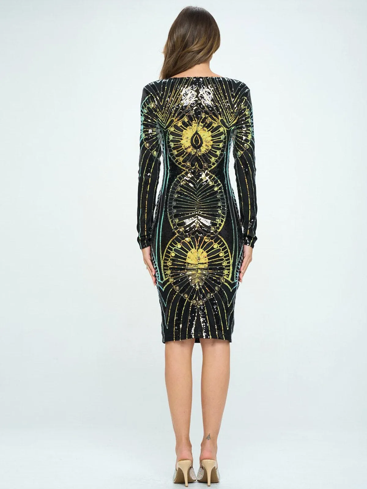 WOMEN'S LONG SLEEVE V-NECK  BODYCON SEQUINS MIDI DRESS