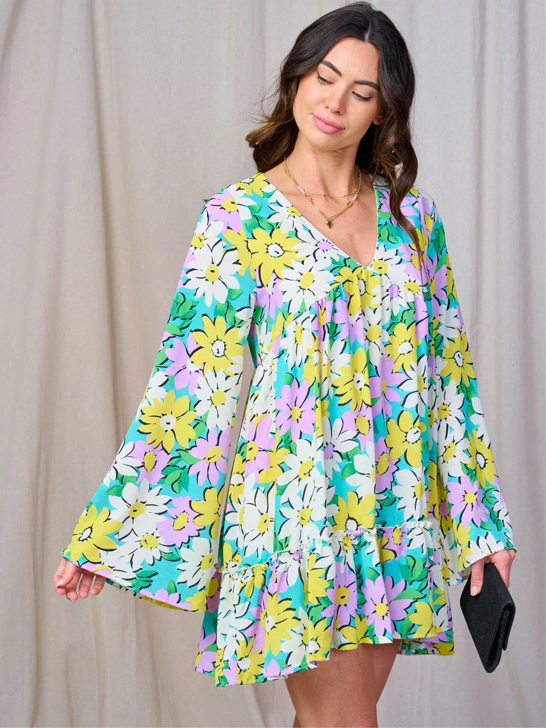 WOMEN'S LONG SLEEVE V-NECK FLOWER PRINT TUNIC MINI DRESS