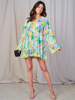 WOMEN'S LONG SLEEVE V-NECK FLOWER PRINT TUNIC MINI DRESS
