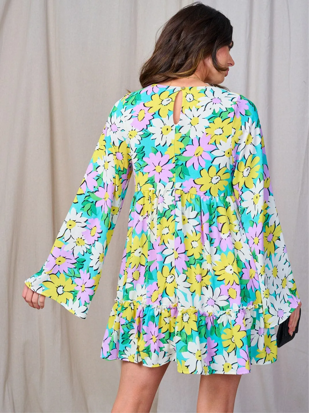 WOMEN'S LONG SLEEVE V-NECK FLOWER PRINT TUNIC MINI DRESS