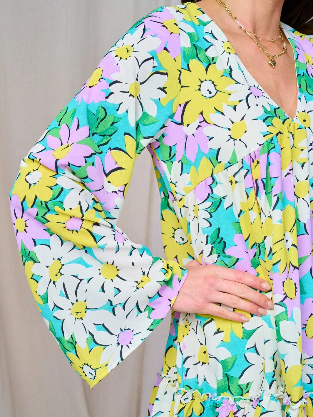 WOMEN'S LONG SLEEVE V-NECK FLOWER PRINT TUNIC MINI DRESS