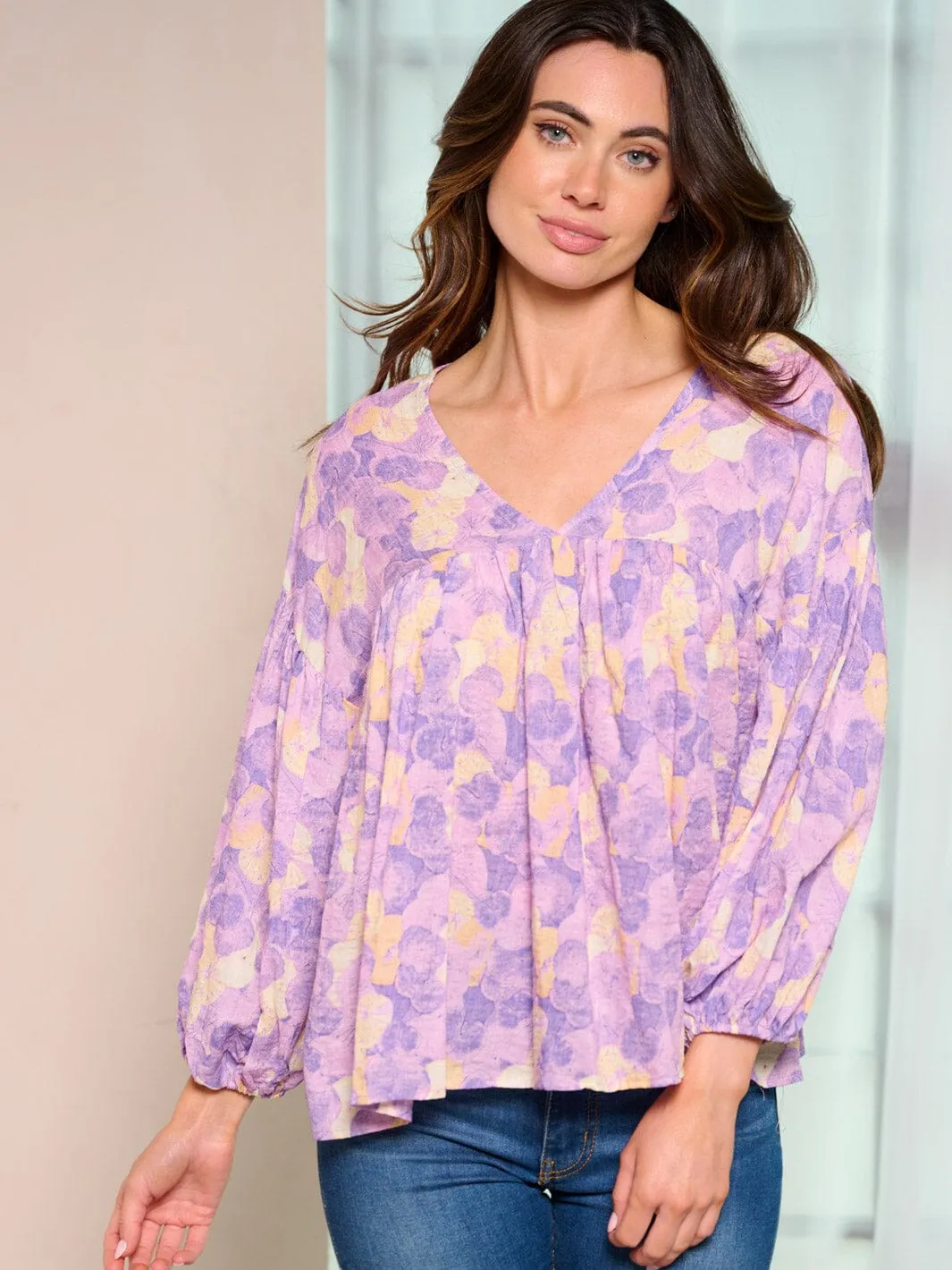 WOMEN'S LONG SLEEVE V-NECK MULTI PRINT BLOUSE TOP