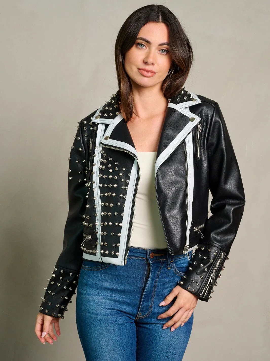 WOMEN'S LONG SLEEVE ZIP UP SPIKES GRAPHIC PU PLEATHER JACKET