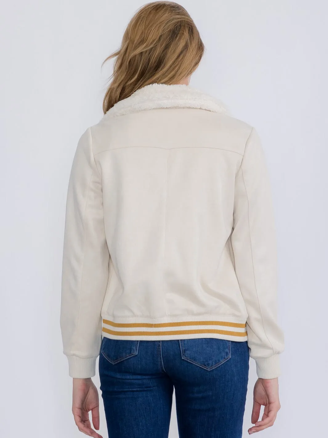 WOMEN'S LONG SLEEVE ZIPPER CLOSURE FRONT POCKETS SHERPA COLLAR JACKET