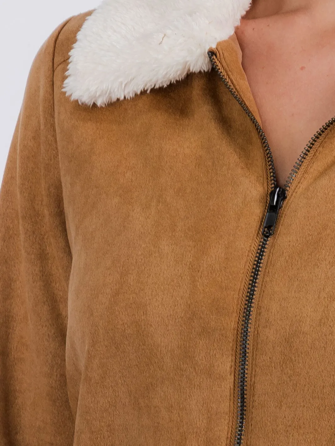 WOMEN'S LONG SLEEVE ZIPPER CLOSURE FRONT POCKETS SHERPA COLLAR JACKET