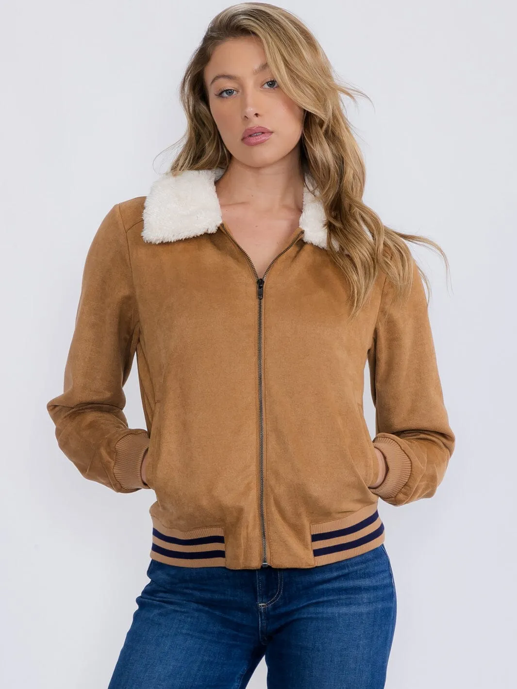 WOMEN'S LONG SLEEVE ZIPPER CLOSURE FRONT POCKETS SHERPA COLLAR JACKET