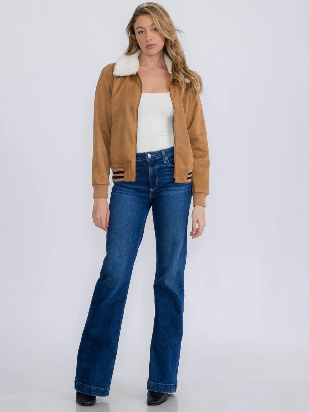 WOMEN'S LONG SLEEVE ZIPPER CLOSURE FRONT POCKETS SHERPA COLLAR JACKET
