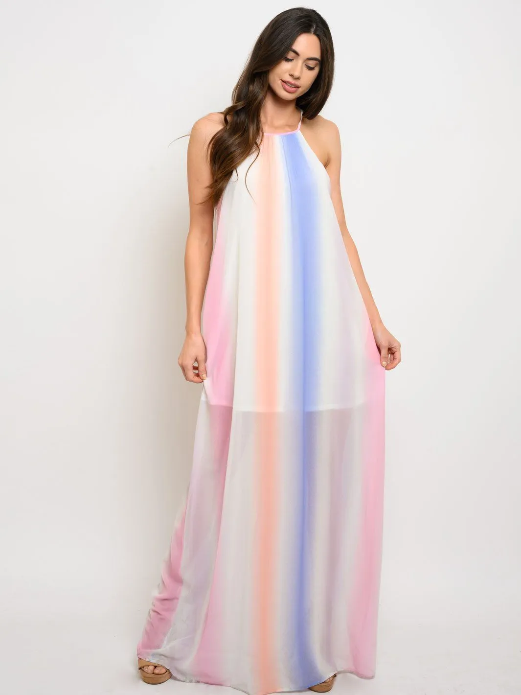 WOMEN'S MULTI STRIPED SLEEVELESS MAXI DRESS