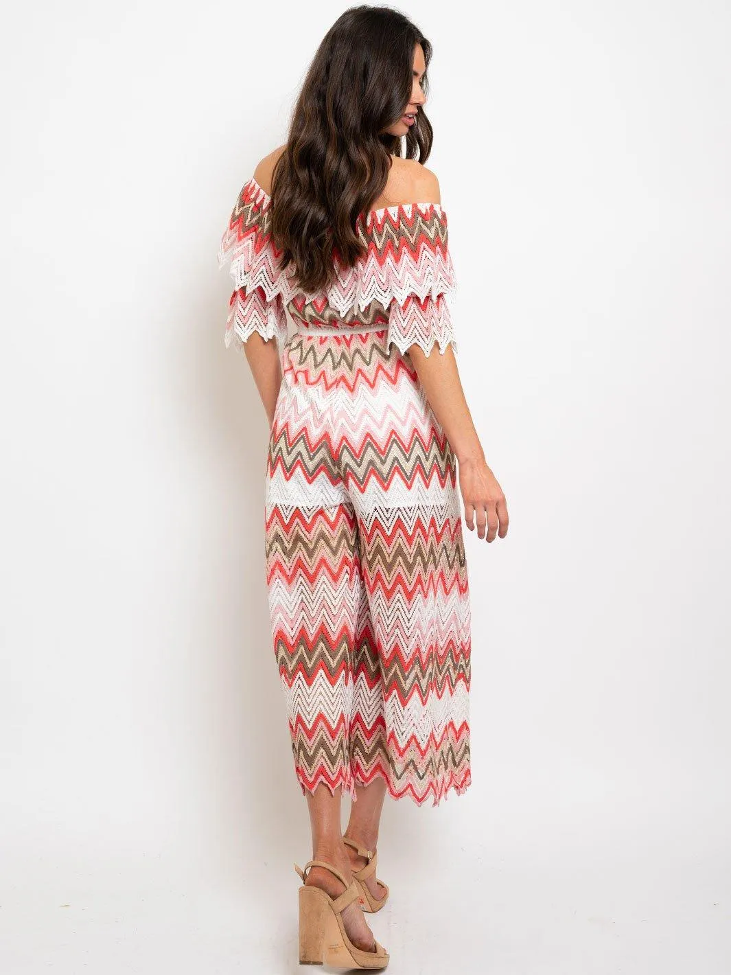 WOMEN'S OFF SHOULDER CHEVRON PRINT JUMPSUIT