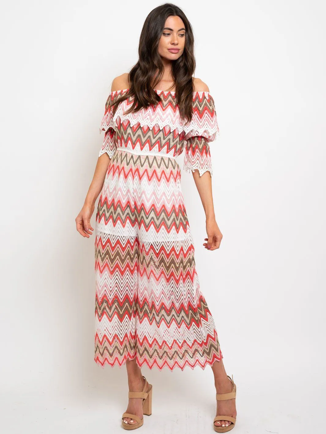 WOMEN'S OFF SHOULDER CHEVRON PRINT JUMPSUIT