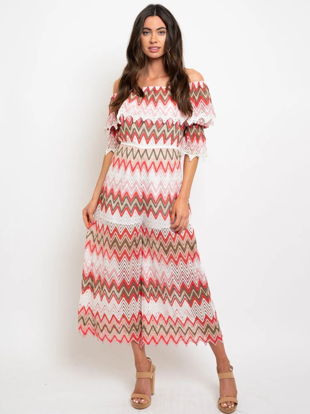 WOMEN'S OFF SHOULDER CHEVRON PRINT JUMPSUIT