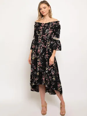 WOMEN'S OFF SHOULDER MULTI PRINT MAXI DRESS