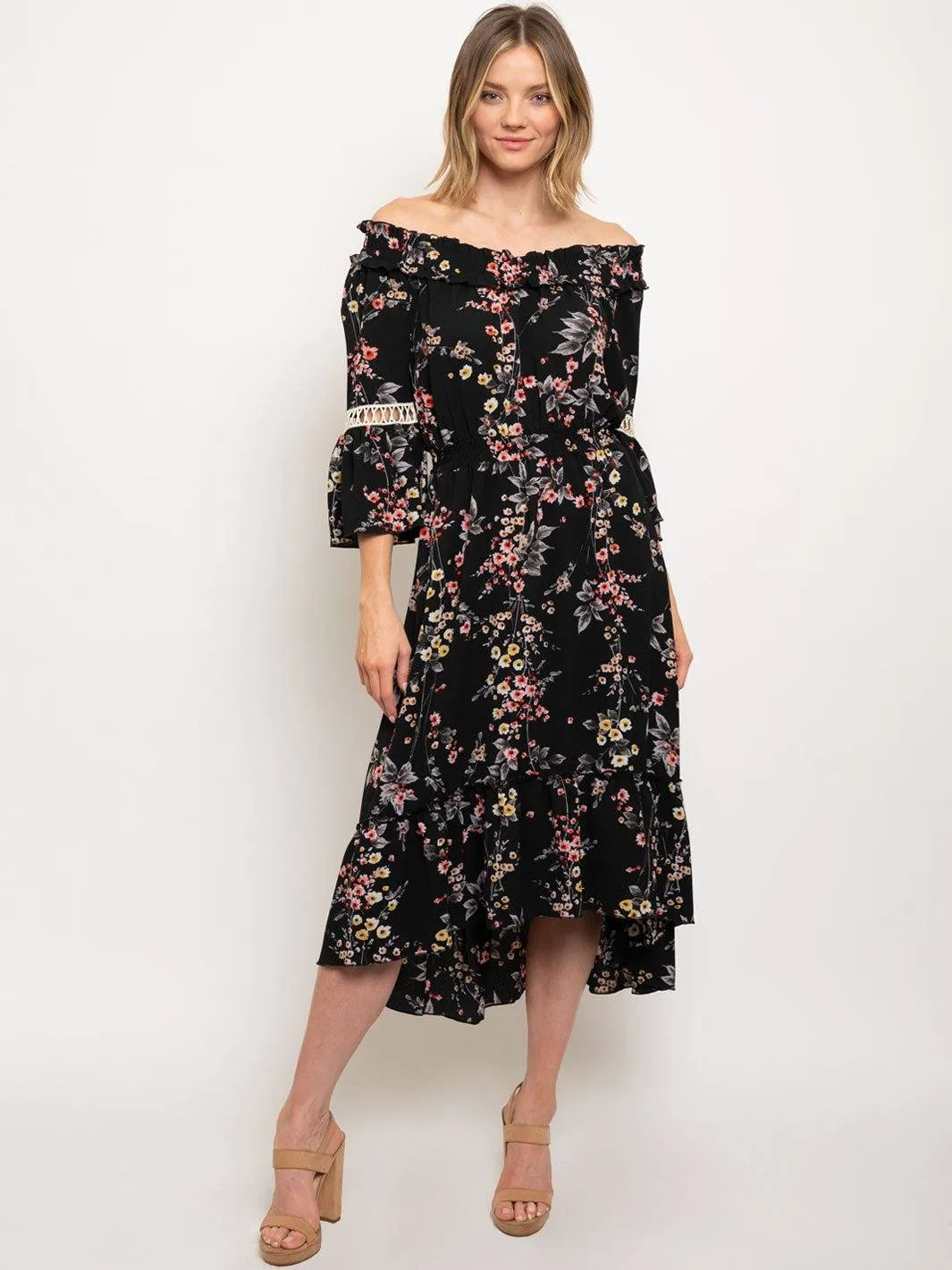 WOMEN'S OFF SHOULDER MULTI PRINT MAXI DRESS