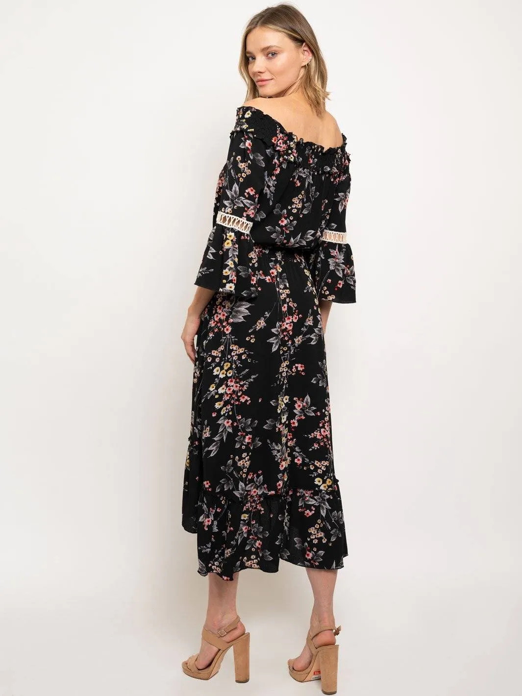 WOMEN'S OFF SHOULDER MULTI PRINT MAXI DRESS