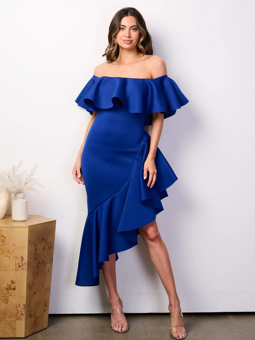 WOMEN'S OFF SHOULDER RUFFLE BANDAGE HIGH-LOW MIDI DRESS