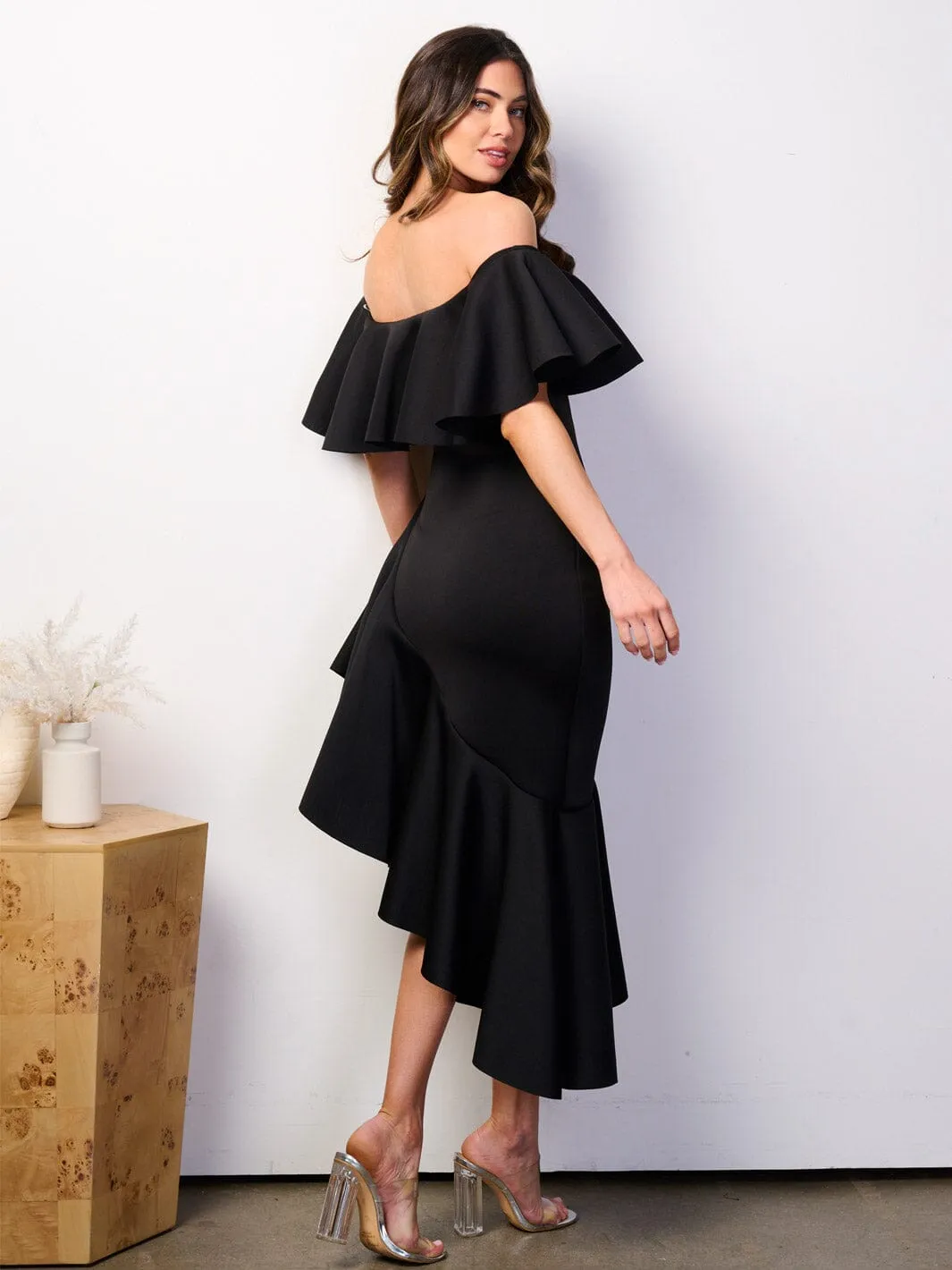WOMEN'S OFF SHOULDER RUFFLE BANDAGE HIGH-LOW MIDI DRESS
