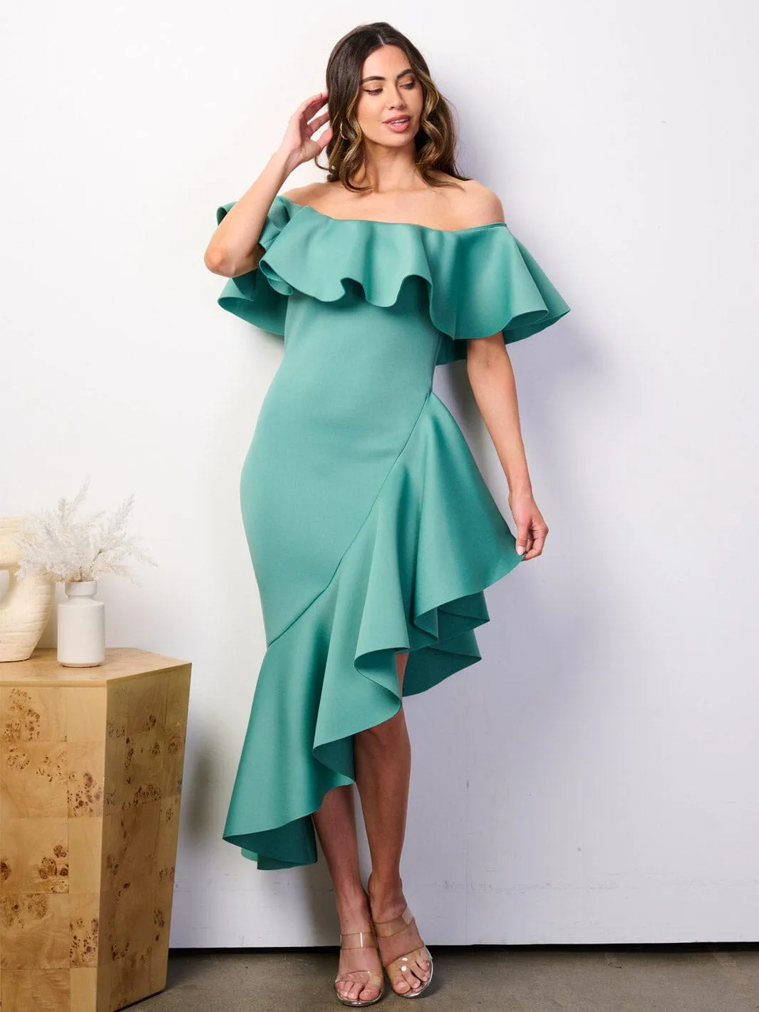 WOMEN'S OFF SHOULDER RUFFLE BANDAGE HIGH-LOW MIDI DRESS