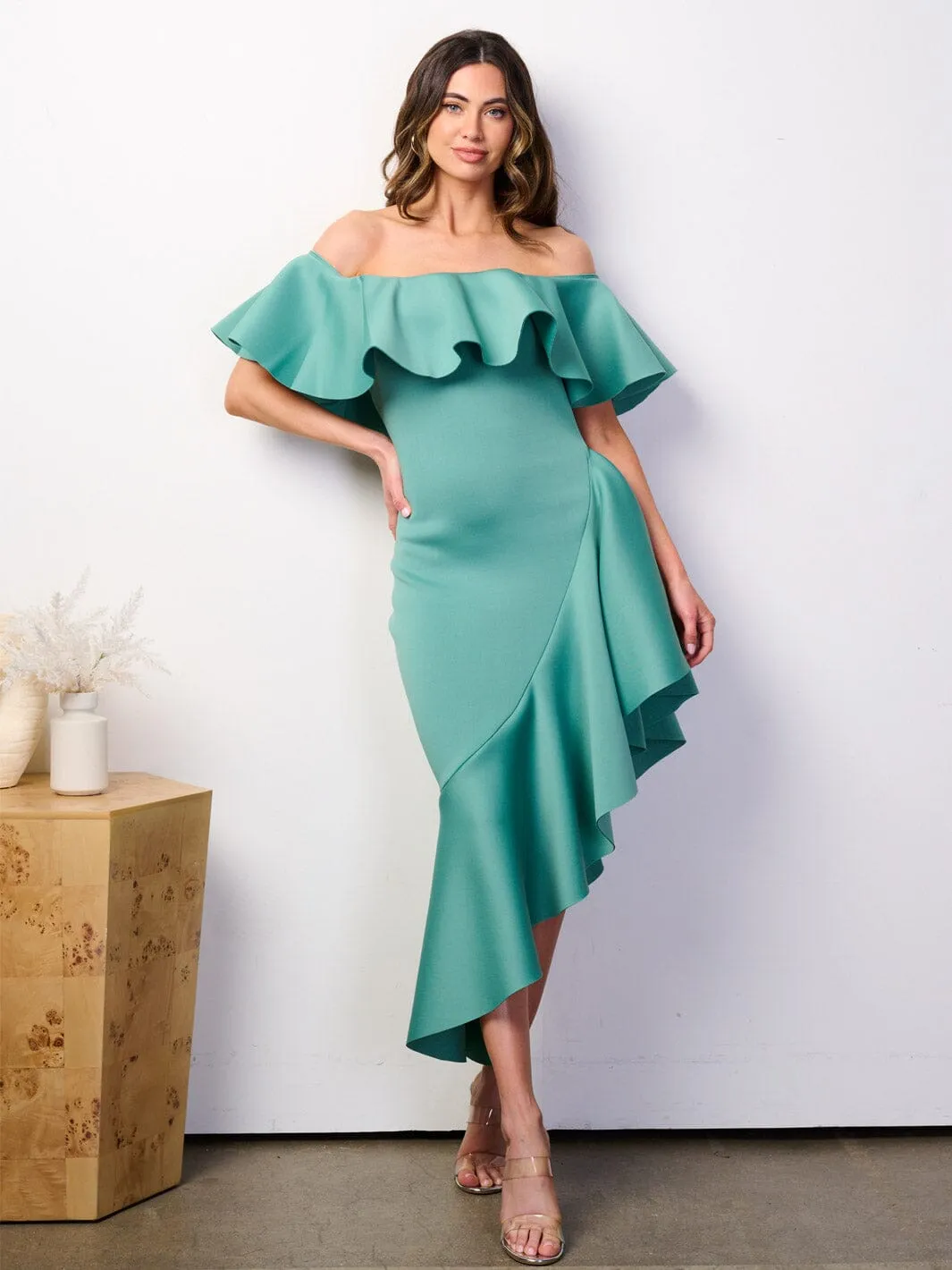 WOMEN'S OFF SHOULDER RUFFLE BANDAGE HIGH-LOW MIDI DRESS