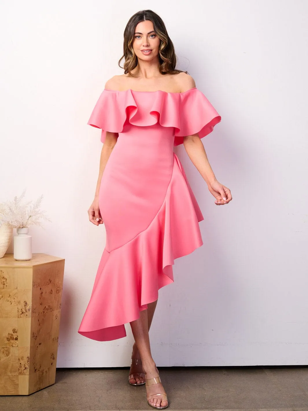 WOMEN'S OFF SHOULDER RUFFLE BANDAGE HIGH-LOW MIDI DRESS