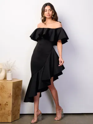WOMEN'S OFF SHOULDER RUFFLE BANDAGE HIGH-LOW MIDI DRESS