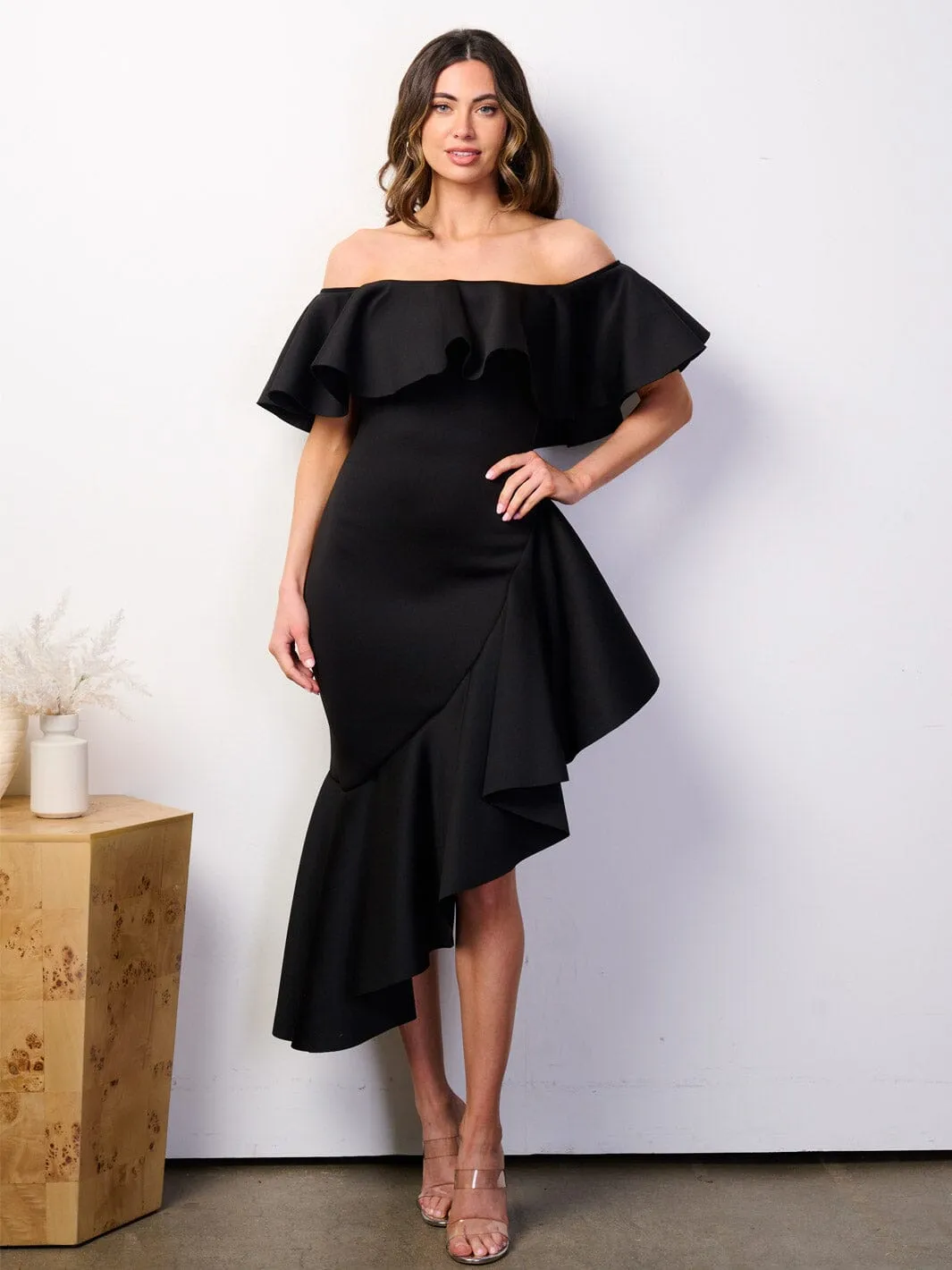WOMEN'S OFF SHOULDER RUFFLE BANDAGE HIGH-LOW MIDI DRESS