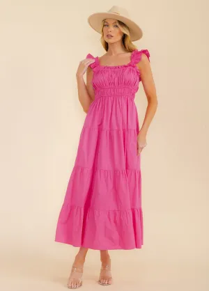 WOMEN'S RUFFLE SLEEVE SMOCK FRONT POCKETS TIERED MAXI DRESS