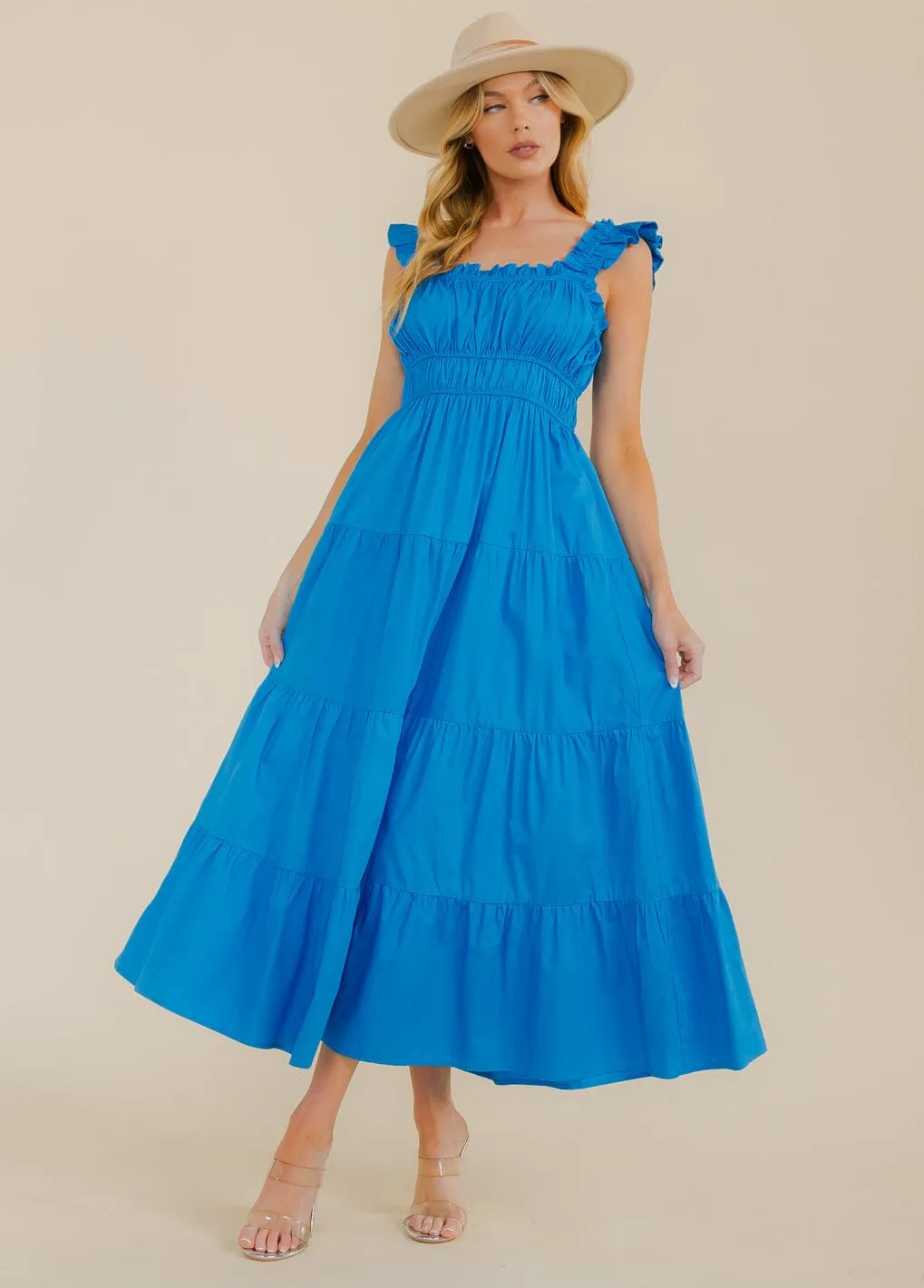 WOMEN'S RUFFLE SLEEVE SMOCK FRONT POCKETS TIERED MAXI DRESS
