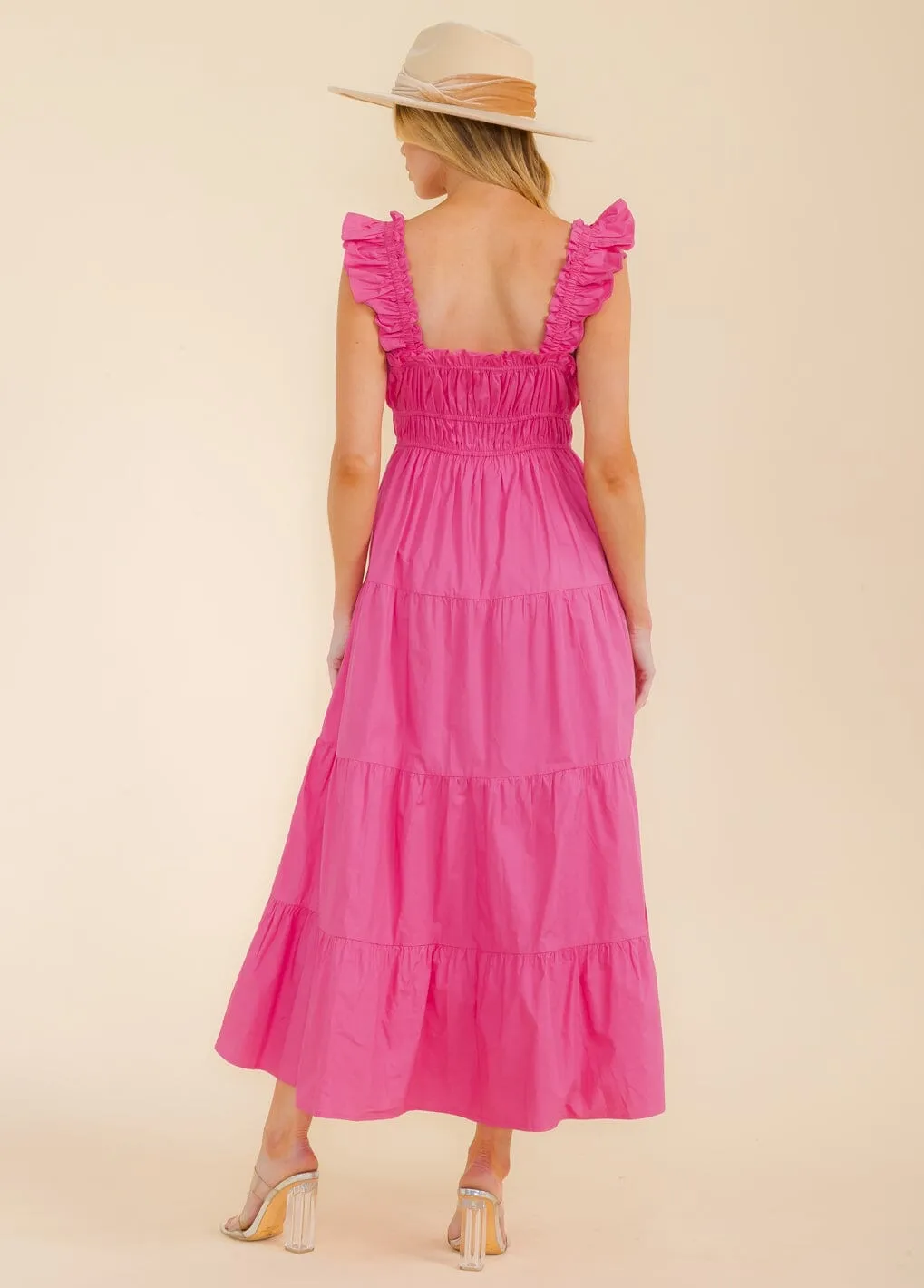 WOMEN'S RUFFLE SLEEVE SMOCK FRONT POCKETS TIERED MAXI DRESS