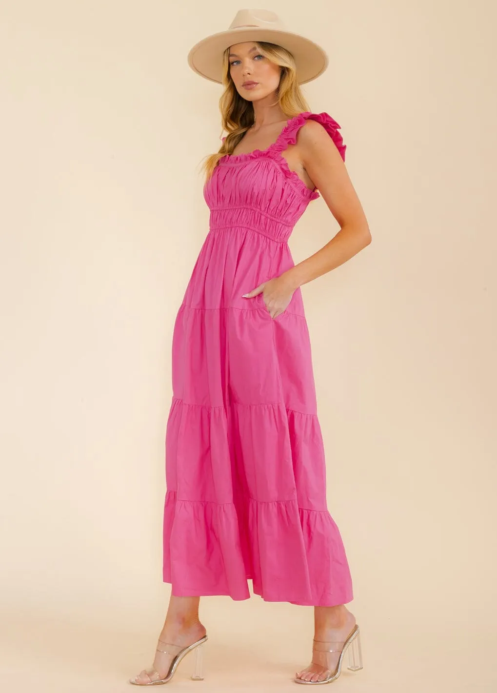 WOMEN'S RUFFLE SLEEVE SMOCK FRONT POCKETS TIERED MAXI DRESS