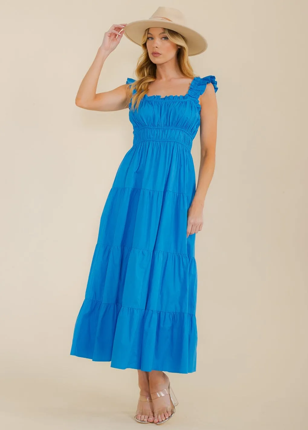 WOMEN'S RUFFLE SLEEVE SMOCK FRONT POCKETS TIERED MAXI DRESS