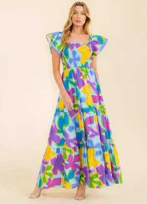 WOMEN'S RUFFLE SLEEVE SMOCK TIERED POCKETS MULTI PRINT MAXI DRESS